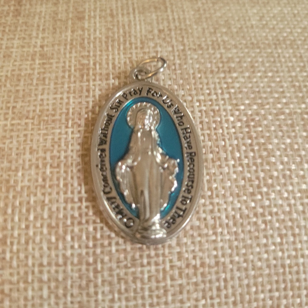 Miraculous Medal Virgin Mary Pendant Blue Enamel Silver Tone 1 Inch Size Small